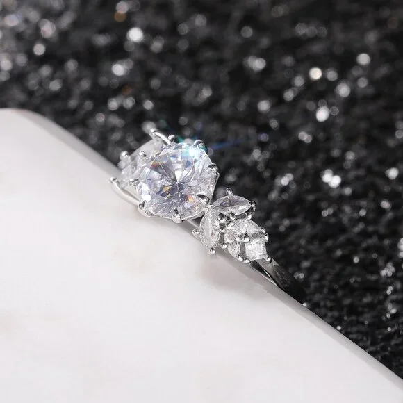 CZ Square Leaf 925 Silver Plated Wedding/Engagement Ring for Women, K940